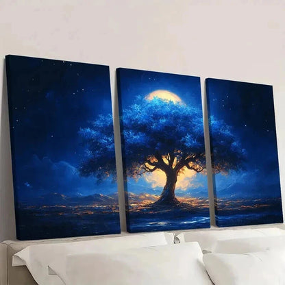 3pcs Blue Tree Landscape with Moonlit Sky Wall Art Set Canvas Framed 40x60cm - High Quality Print 100% Australian Made Wall Canvas Ready to Hang