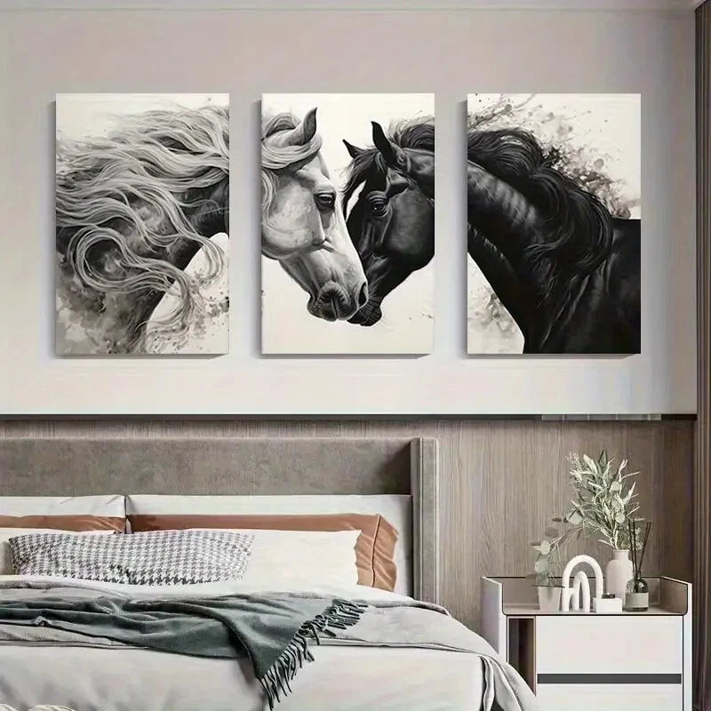 3pcs Black And White Horse Elegant Décor Perfect Wall Art Set Canvas Framed 40x60cm - High Quality Print 100% Australian Made Wall Canvas Ready to Hang