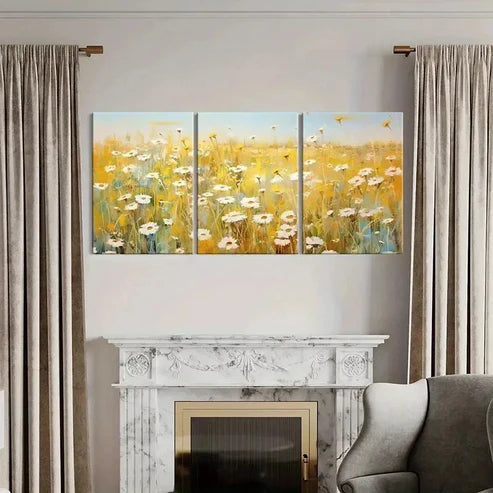 3pcs Daisy Flower Fields Landscape Wall Art Set Canvas Unframed - High Quality Print 100% Australian Made Wall Canvas