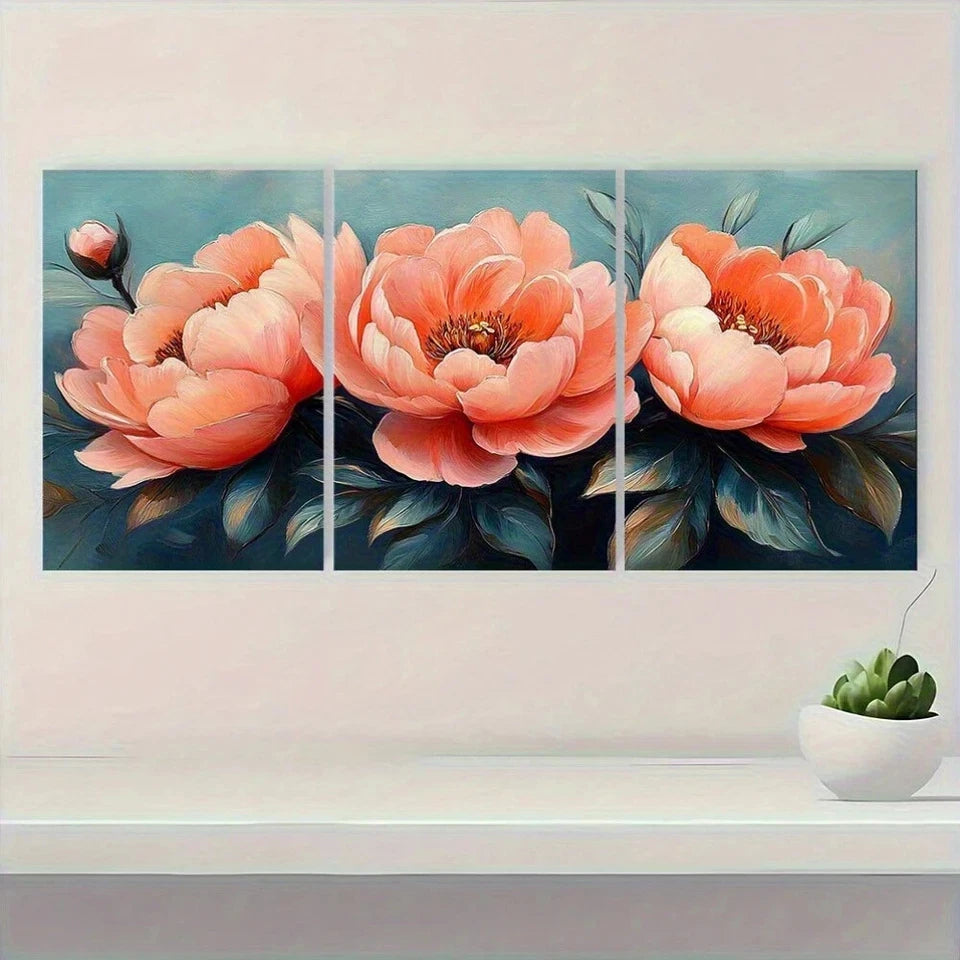 3pcs Vibrant Pink Peach Flowers Metal Print Ready to Hang Art