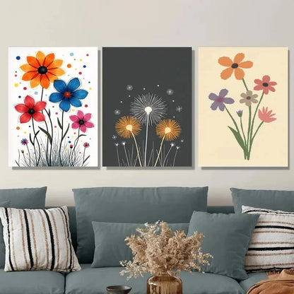 3pcs Modern Minimalist Floral Colorful Flowers Wall Art Set Canvas Framed 40x60cm - High Quality Print 100% Australian Made Wall Canvas Ready to Hang