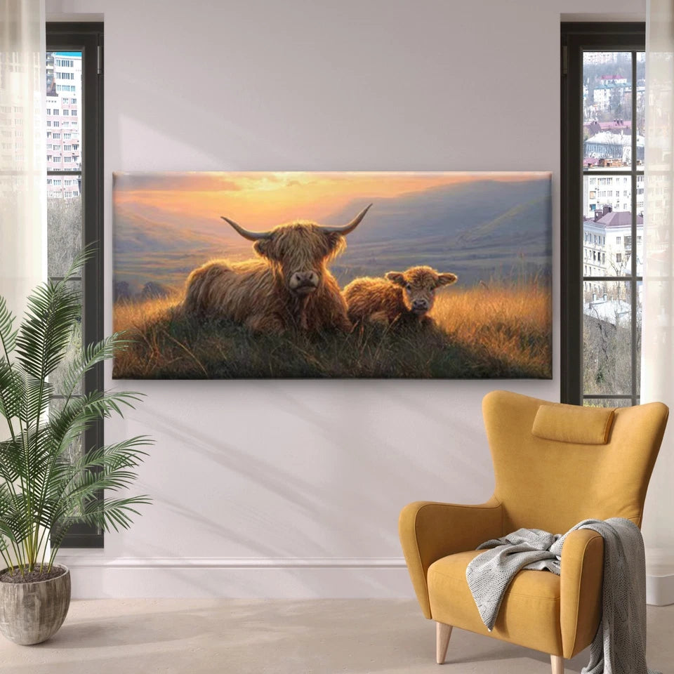 Highland Cow Scottish Pastoral Wall Art Canvas Office Home Room Framed 120x60cm