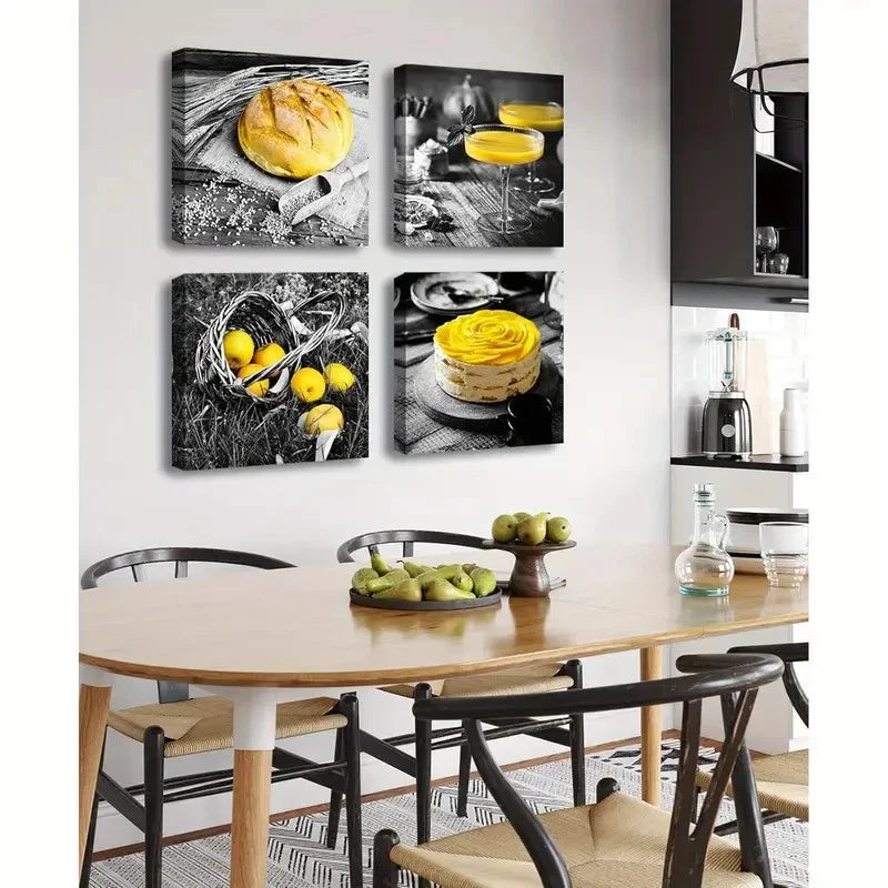 4pcs Frame Kitchen Wall Art Canvas Framed