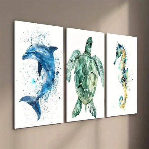 3pcs Pacific Dolphin Green Turtle and Seahorse Wall Art Set Canvas Unframed - High Quality Print 100% Australian Made Wall Canvas