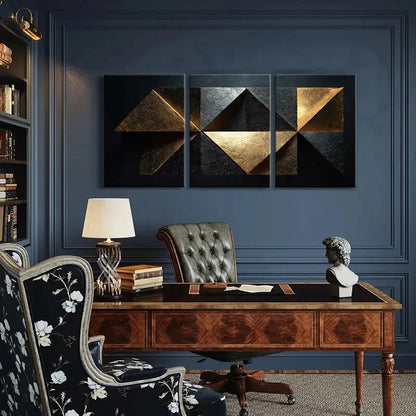 3pcs Abstract Golden Geometric Triangles Metal Print Ready to Hang Art