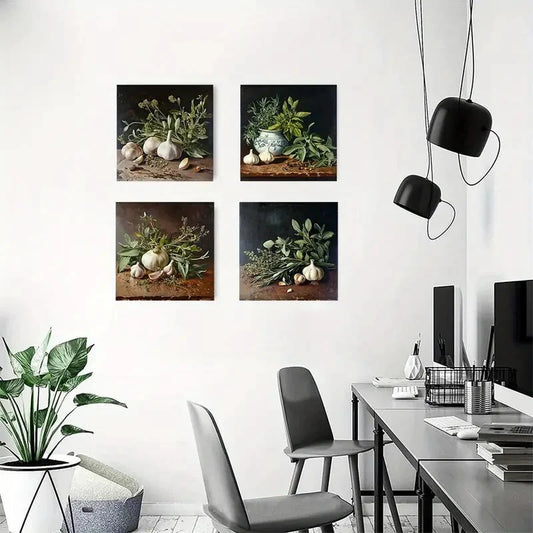 4pcs Herbs And Garlic Still Life Wall Art Canvas Framed