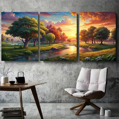 3pcs Sunlit River Forest Sunset Vibrant Meadow Metal Print Ready to Hang Art