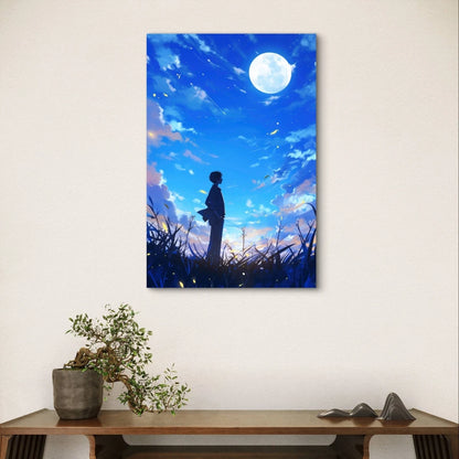 Anime Boy Under a Starry Blue Night Sky 40x60cm Metal Print Ready to Hang