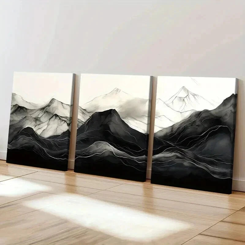 3pcs Zen Aesthetic Black & White Mountain Wall Art Set Canvas Framed 40x60cm - High Quality Print 100% Australian Made Wall Canvas Ready to Hang