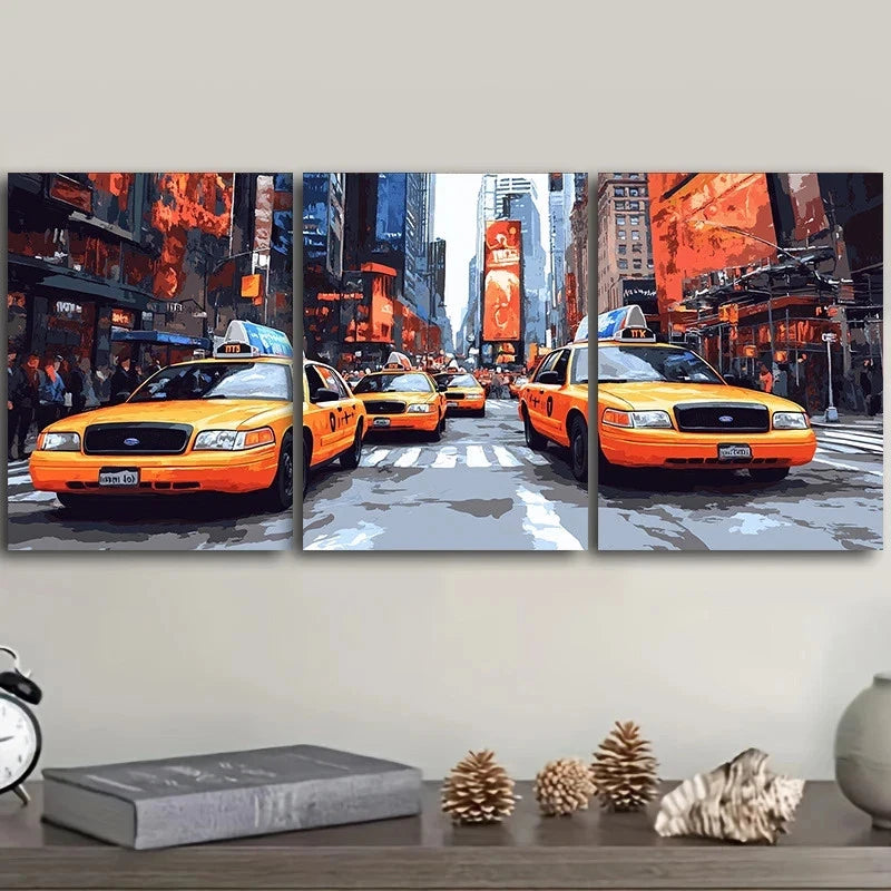 3pcs Cabs in the City Scene Luxurious Metal Print Ready to Hang Art