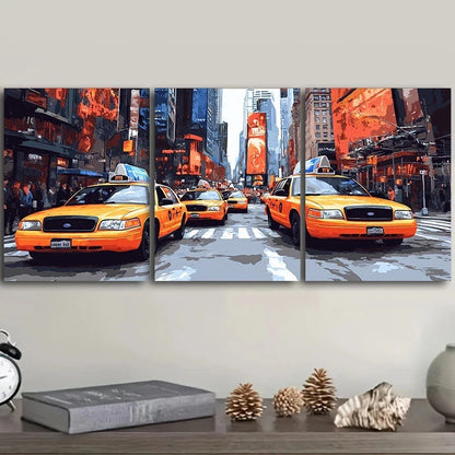 3pcs Cabs in the City Scene Luxurious Metal Print Ready to Hang Art