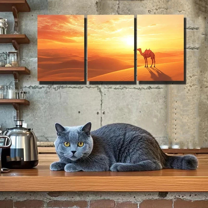 3pcs Camels in the Desert Sunset Metal Print Ready to Hang Art