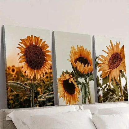 3pcs Nordic Sunflower Blooms in the Field Wall Art Set Canvas Framed 40x60cm - High Quality Print 100% Australian Made Wall Canvas Ready to Hang
