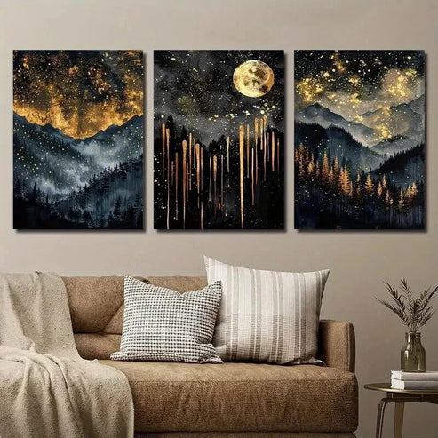 3pcs Abstract Starry Black and Golden Sky Wall Art Set Canvas Unframed - High Quality Print 100% Australian Made Wall Canvas