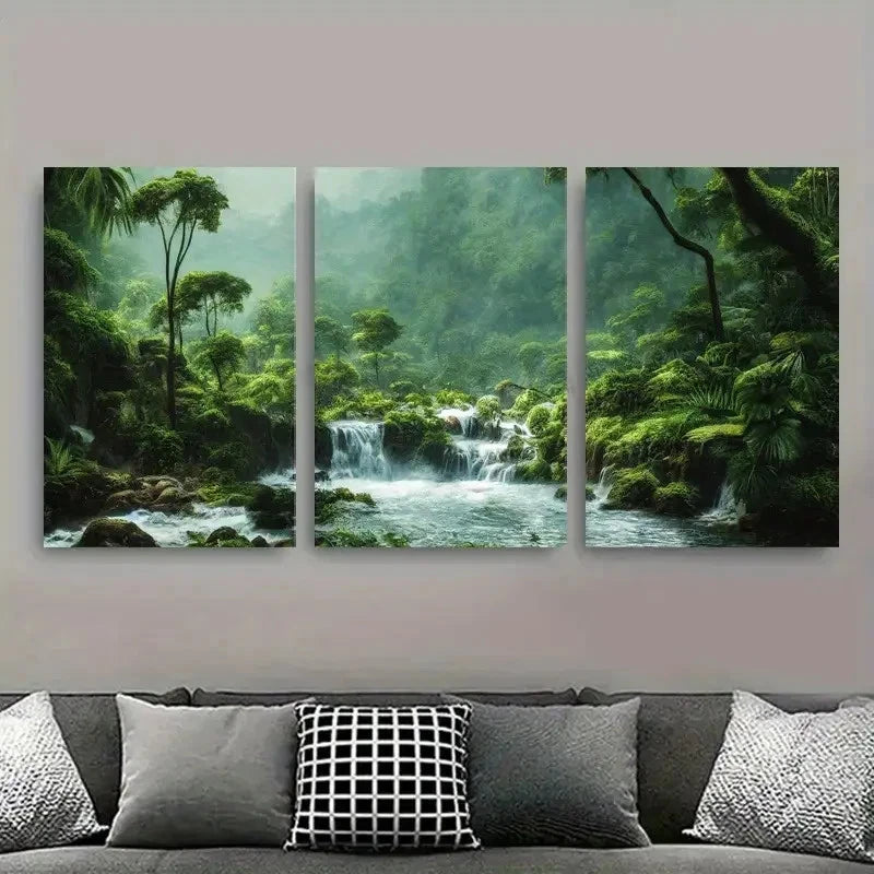 3pcs Lush Green Jungle River Waterfall Metal Print Ready to Hang Art