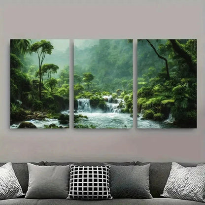 3pcs Lush Green Jungle River Waterfall Metal Print Ready to Hang Art