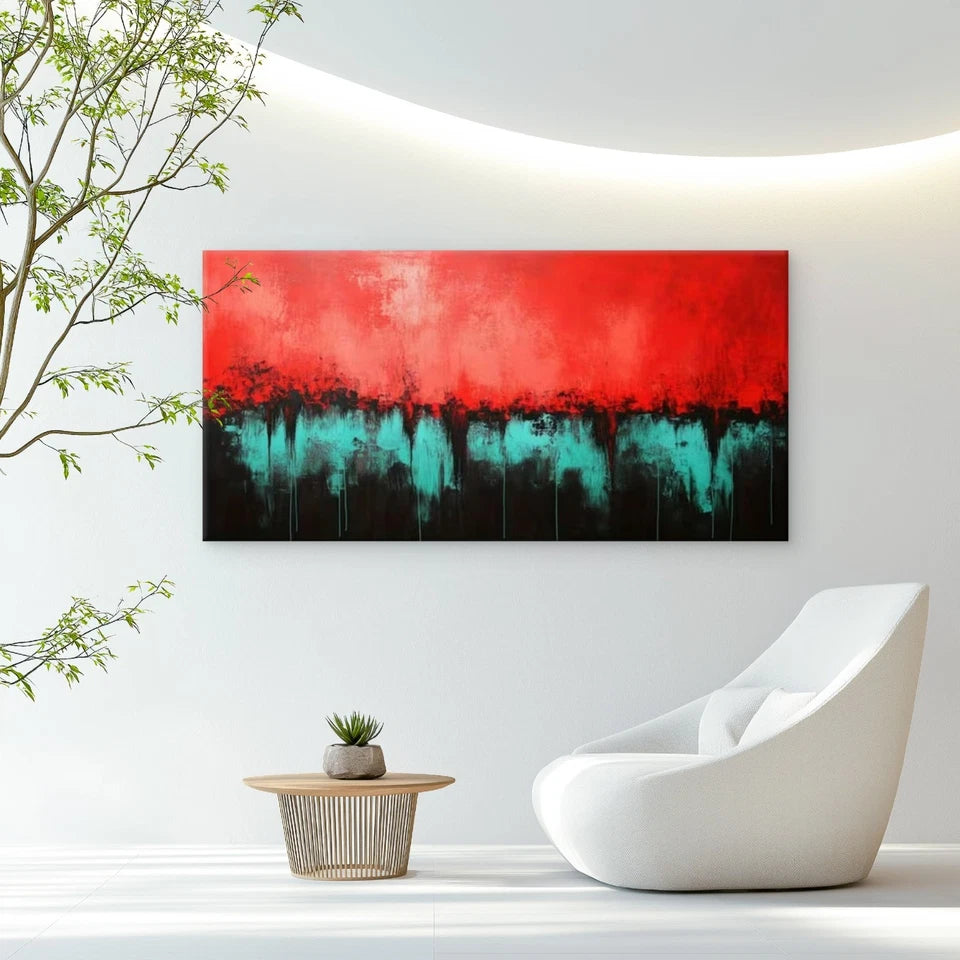 Vibrant Red & Teal Abstract Wall Art Canvas Office Home Room Framed 120x60cm