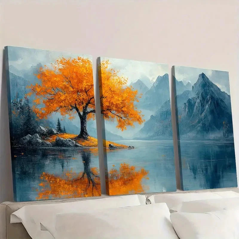 3pcs Golden Leaves Mountain Lake Reflection Wall Art Set Canvas Framed 40x60cm - High Quality Print 100% Australian Made Wall Canvas Ready to Hang