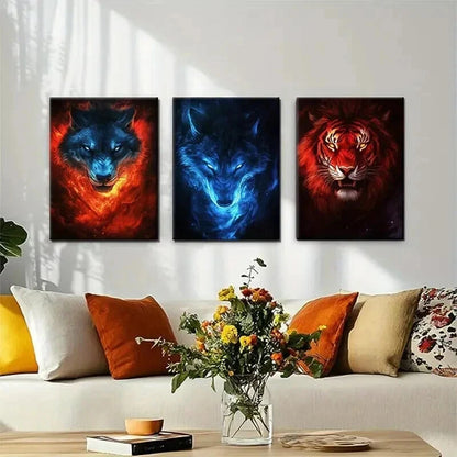 3pcs Fire and Ice Wolf & Tiger Triptych Perfect Wall Art Set Canvas Framed 50x70cm - High Quality Print 100% Australian Made Wall Canvas Ready to Hang