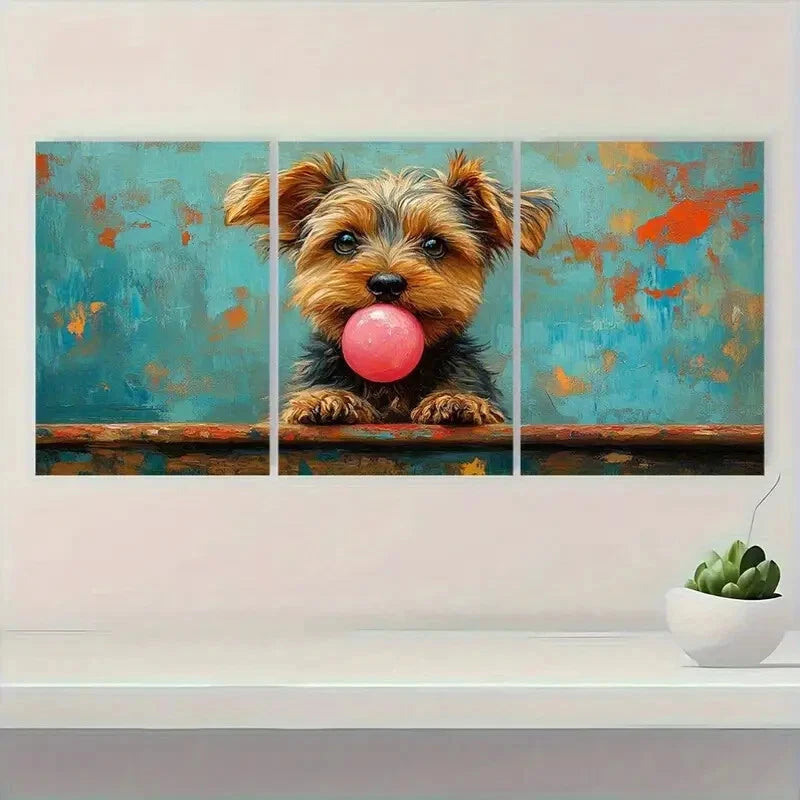 3pcs Whimsical Yorkshire Terrier Bubble Gum Metal Print Ready to Hang Art