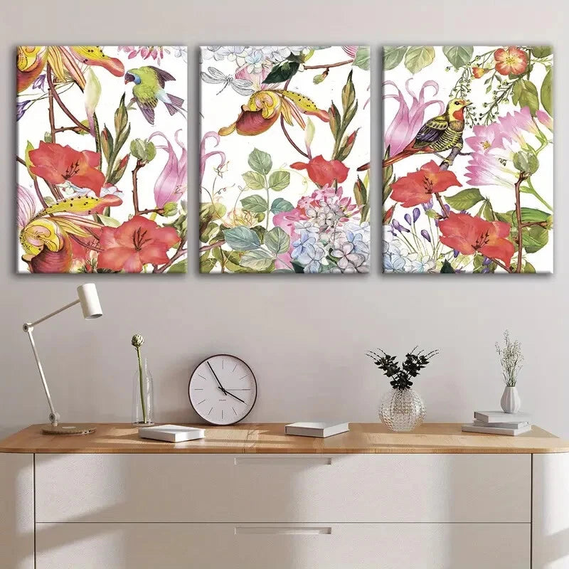 3pcs Vibrant Floral & Birds Red Flowers Parrots Wall Art Set Canvas Framed 40x60cm - High Quality Print 100% Australian Made Wall Canvas Ready to Hang
