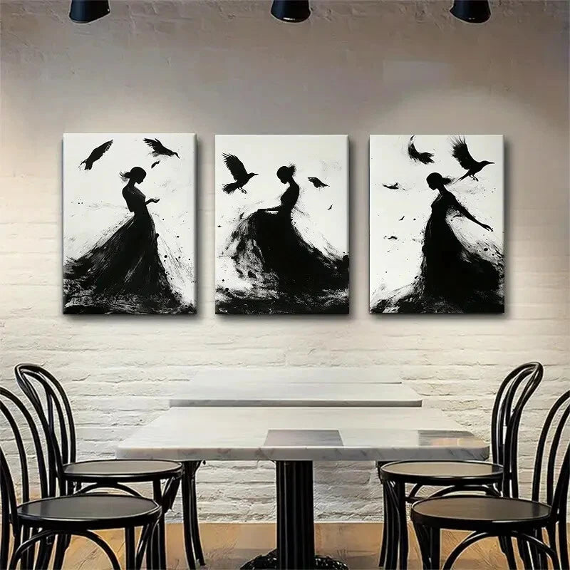 3pcs Elegant Black and White Abstract Dance Metal Print Ready to Hang Art