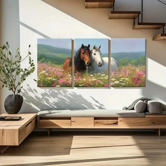 3pcs Vibrant Horses in Bloom Pastoral Scene Metal Print Ready to Hang Art