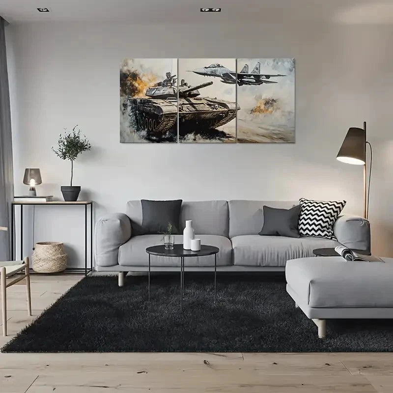 3pcs Warfare Trilogy Tank Fighter Jet Metal Print Ready to Hang Art