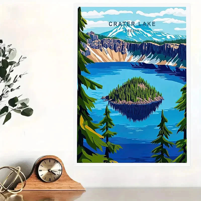 Crater Lake Vintage Landscape Mountain Travel Poster Print Wall Art