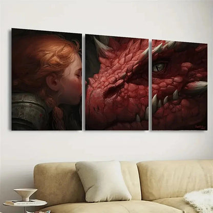 3pcs The Girl And Her Dragon Fantasy Gamer Art Wall Art Set Canvas Framed 50x70cm - High Quality Print 100% Australian Made Wall Canvas Ready to Hang