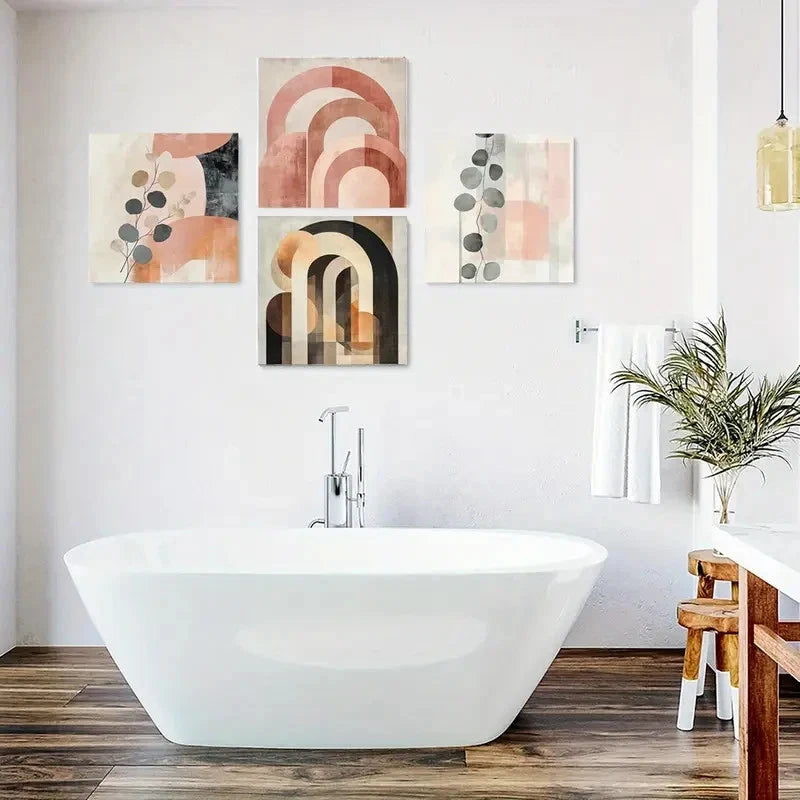 4pcs Soft Tones, Green Leaves, And Brown & Beige Wall Art Canvas Framed