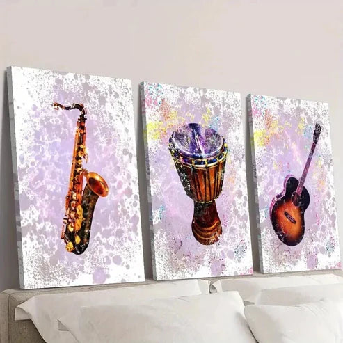 3pcs Saxophone Bass Drum Guitar Instrument Wall Art Canvas Unframed - High Quality Print 100% Australian Made Wall Canvas