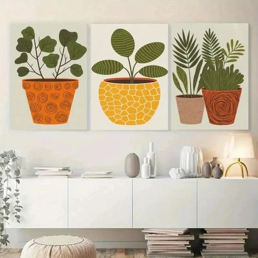 3pcs Green Leaves in Orange, Yellow & Brown Pot Wall Art Set Canvas Framed 40x60cm - High Quality Print 100% Australian Made Wall Canvas Ready to Hang