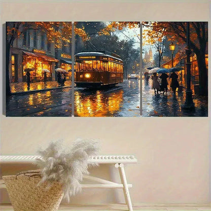 3pcs Vintage Rainy City Street Wall Art Set Canvas Framed 50x70cm - High Quality Print 100% Australian Made Wall Canvas Ready to Hang