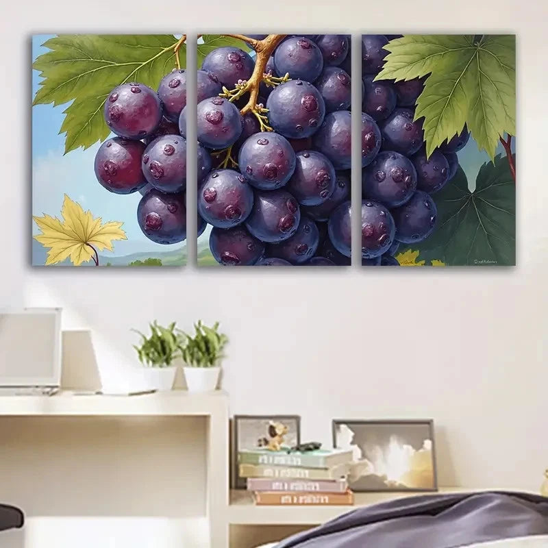 3pcs Vibrant Purple Grapes And Green Leaves Wall Art Set Canvas Framed 40x60cm - High Quality Print 100% Australian Made Wall Canvas Ready to Hang