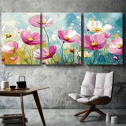 3pcs Pink Cosmos Floral Abstract Metal Print Ready to Hang Art