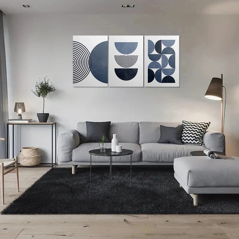 3pcs Abstract Geometric Blue and White Metal Print Ready to Hang Art