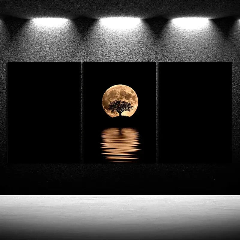 3pcs Reflection of Trees Golden Moon Metal Print Ready to Hang Art