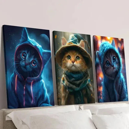3pcs Cute Cat Art Wearing Clothes Wall Art Canvas Unframed – High Quality Print 100% Australian Made Wall Canvas