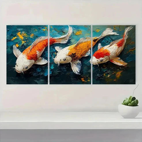 3pcs Golden & White Fish in Blue Background S Wall Art Set Canvas Unframed - High Quality Print 100% Australian Made Wall Canvas - Bella Home Decor