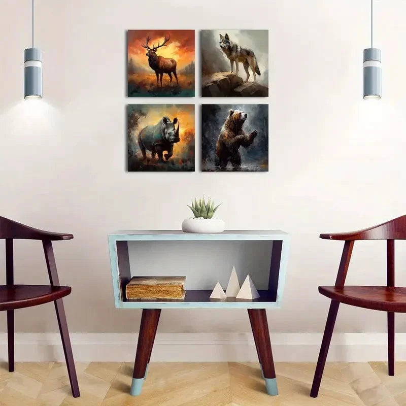 4pcs Rustic Wild Animal Wall Art Canvas Framed