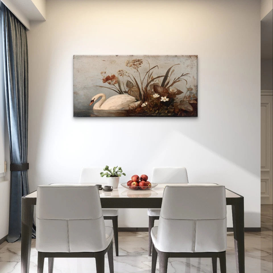 Vintage Oil Painting Swan In Lake Wall Art Canvas Office Home Framed 120x60cm