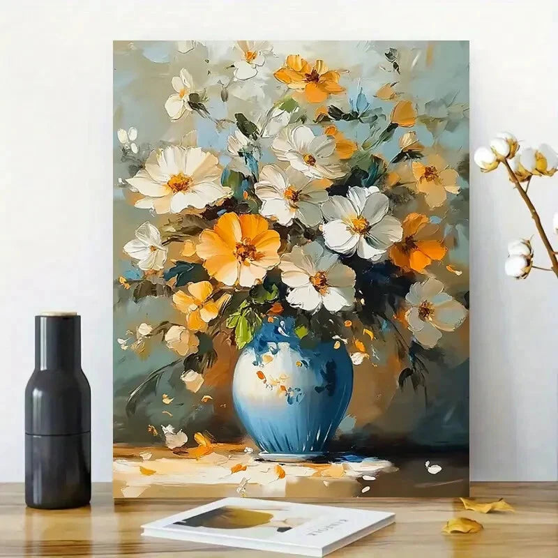 Flowers In a Vase, with a Light Blue And White Color 40x60cm Metal Print Ready to Hang