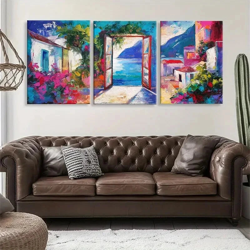 3pcs Mediterranean Village Vibrant Perfect Wall Art Set Canvas Framed 40x60cm - High Quality Print 100% Australian Made Wall Canvas Ready to Hang