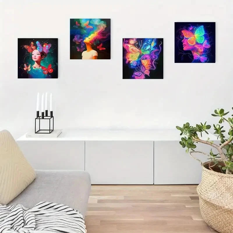 4pcs Glowing Butterfly ,Vibrant Fashion-Themed Wall Art Canvas Framed