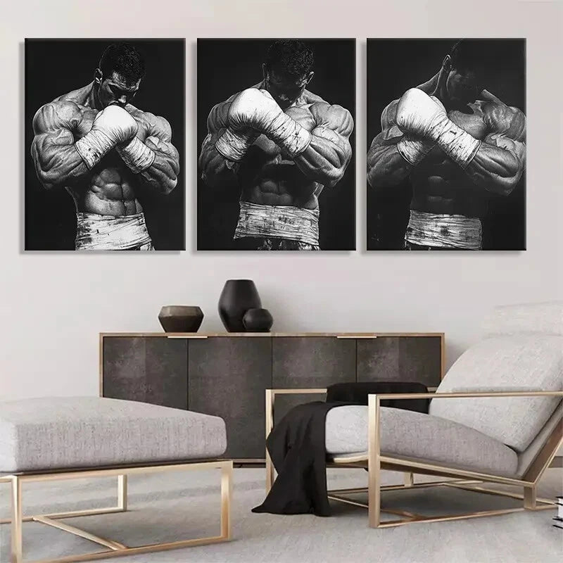 3pcs Black and White Boxing Strong Perfect Wall Art Set Canvas Framed 40x60cm - High Quality Print 100% Australian Made Wall Canvas Ready to Hang