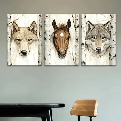 3pcs three wolves in birch trees Wall Art Set Canvas Unframed - High Quality Print 100% Australian Made Wall Canvas