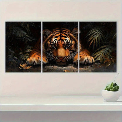 3pcs Realistic Jungle Orange & Black Striped Tiger Metal Print Ready to Hang Art