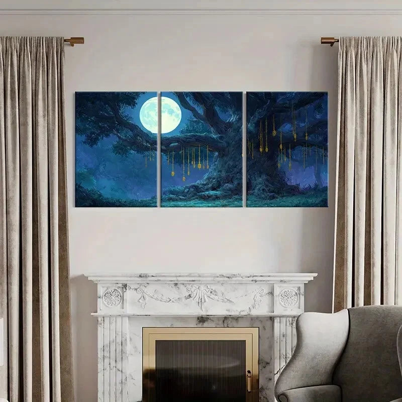 3pcs Enchanting Night Scene with Ancient Tree Metal Print Ready to Hang Art
