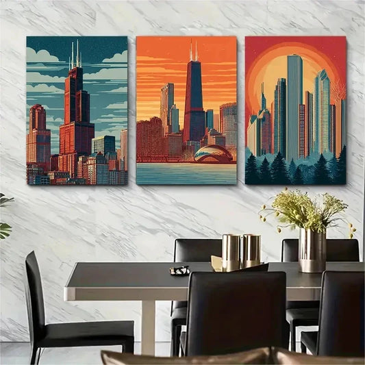 3pcs Chicago Illinois Posters Travel Po Perfect Wall Art Set Canvas Framed 50x70cm - High Quality Print 100% Australian Made Wall Canvas Ready to Hang